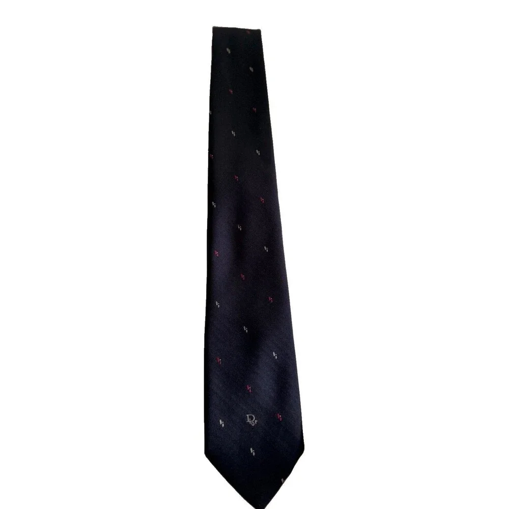 Christian Dior Monsieur Tie Black Red Silver Micro Dot Silk Blend Vintage Logo